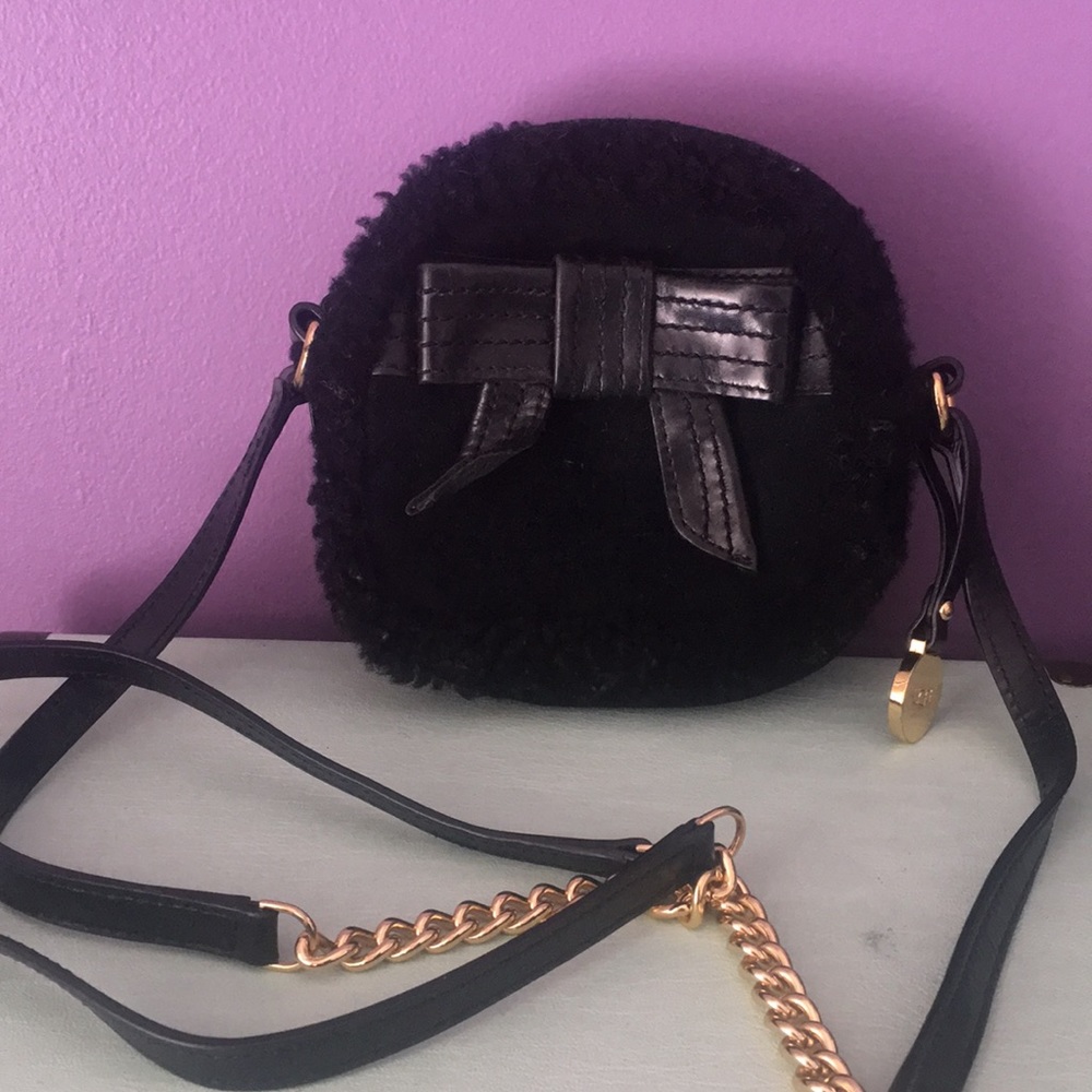 Black Faux Fur Crossbody Bag with Bow Accent